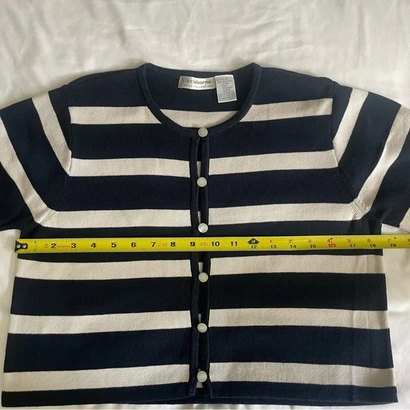 Liz Claiborne Cropped Navy Blue White Striped Nautical Inspired Button Cardigan - Picture 11 of 11